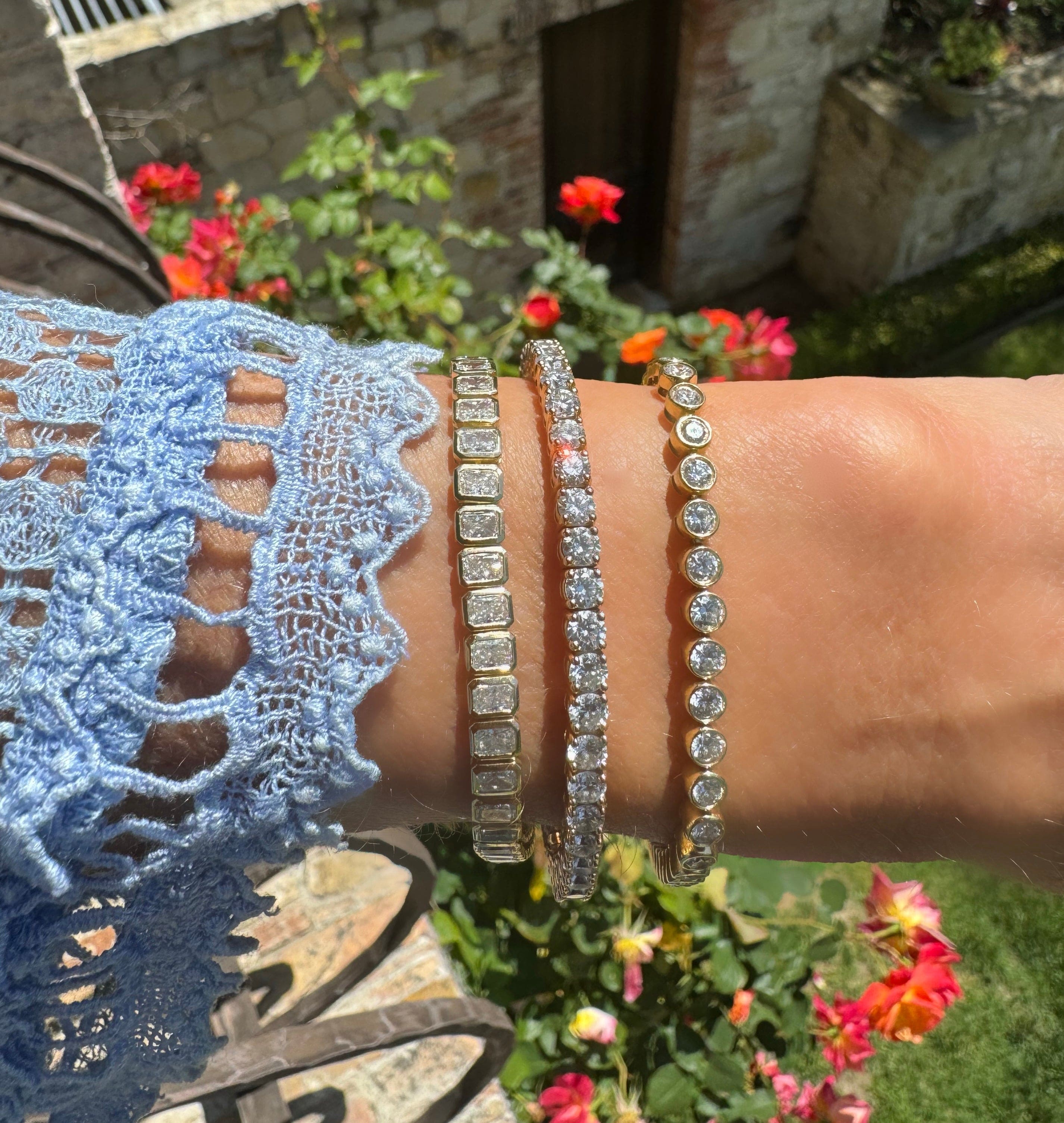 Bracelets 14K and 18K Gold and Radiant Cut Diamond 7-8 ct Tennis Bracelet Bezel Set, Lab Grown