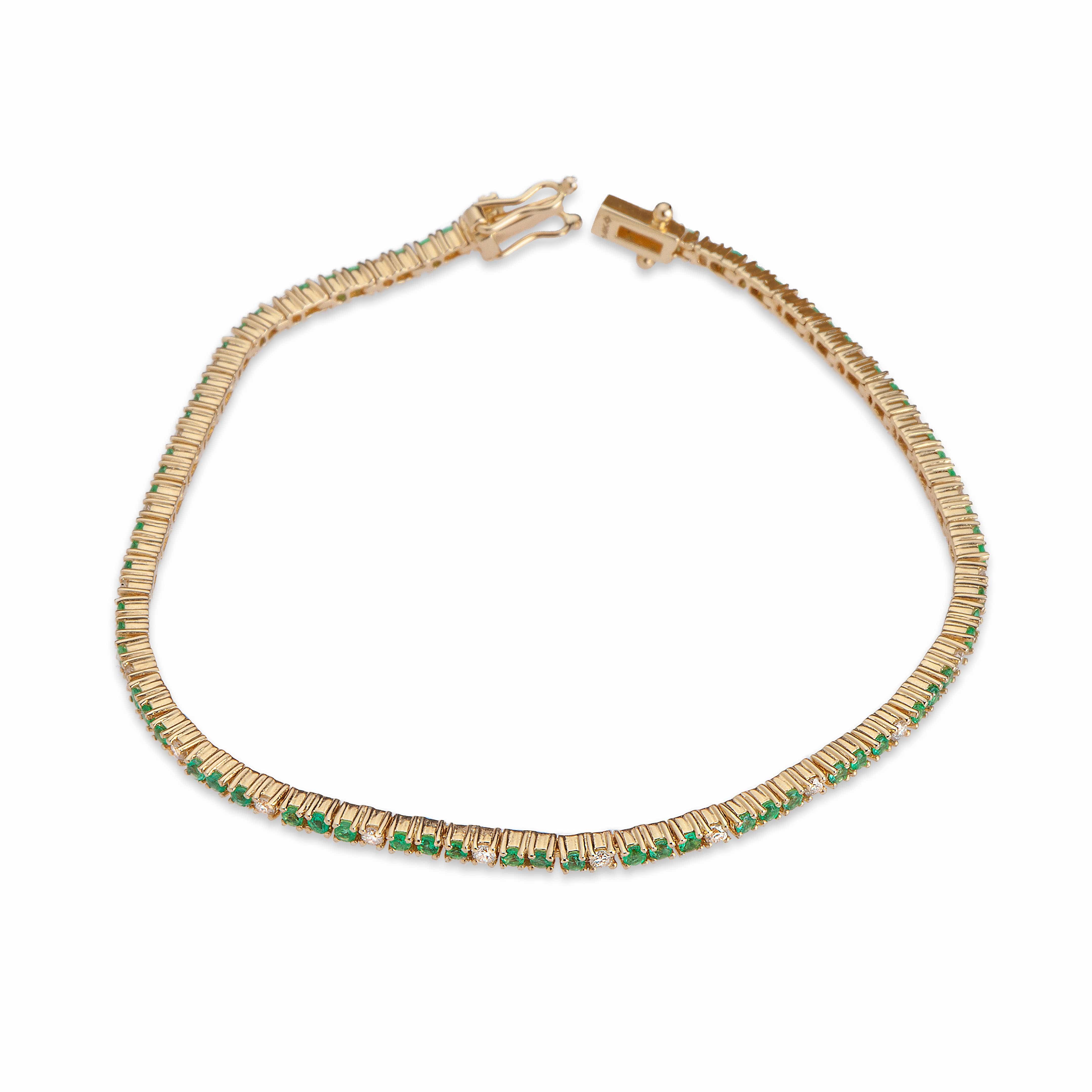 Bracelets 14K Gold Emerald and Diamond Tennis Bracelet 4-Prong Setting