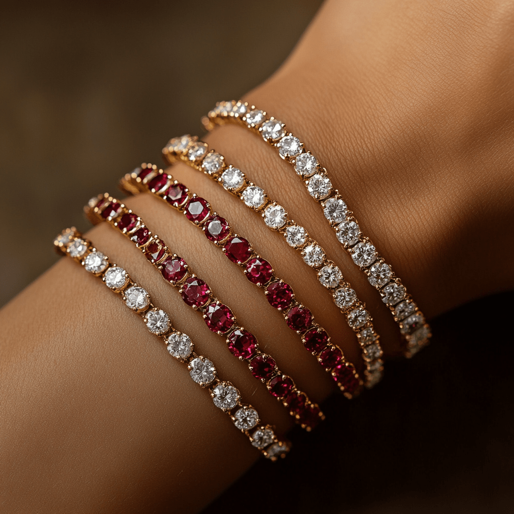 Bracelets 18K Gold Stretch Ruby Tennis Bracelet, 8.55-18 Carats