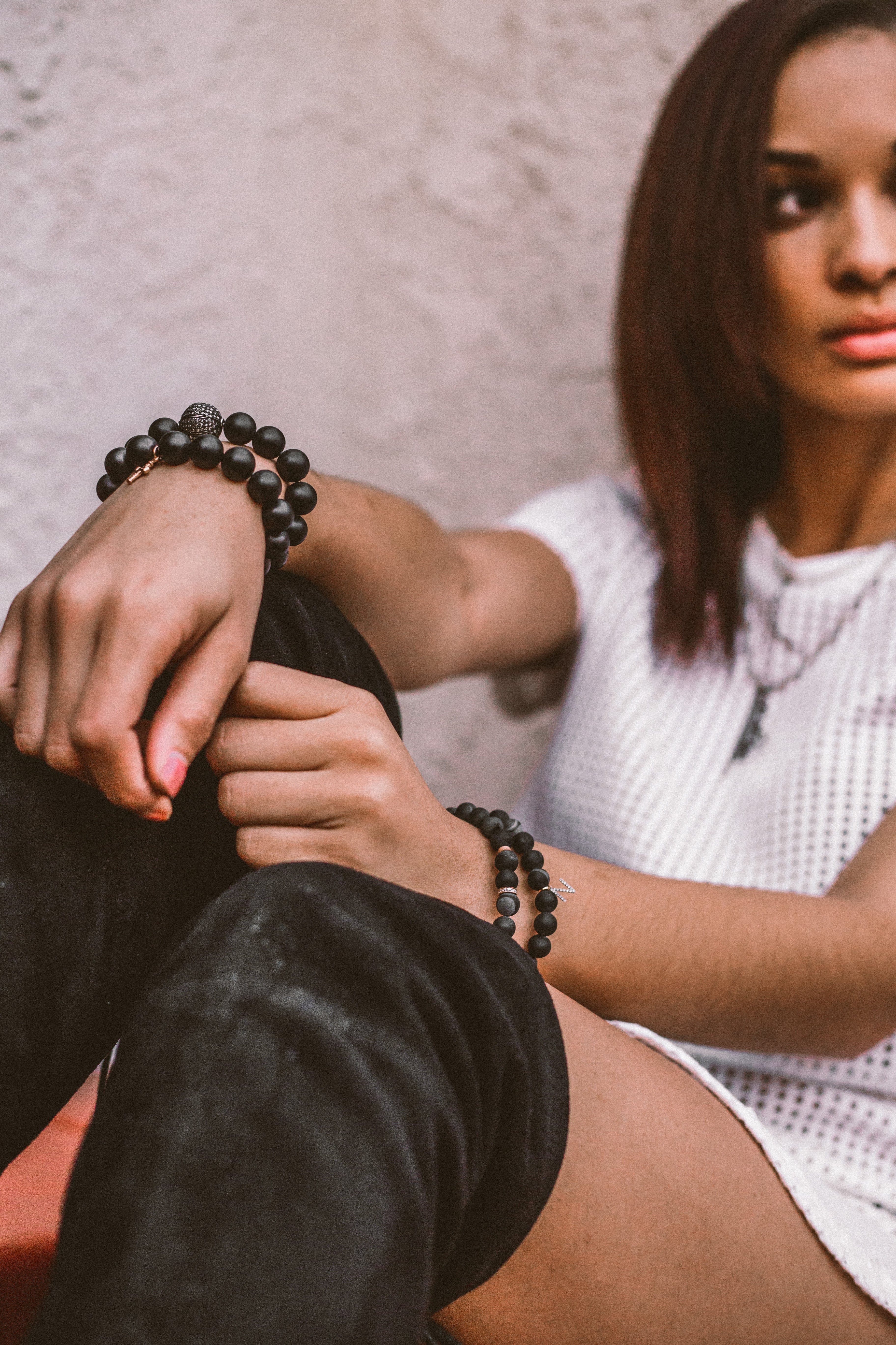 Bracelets 7" Iridescent Black Beads with 14K Gold, Diamonds and our Signature Dog Tag Charm
