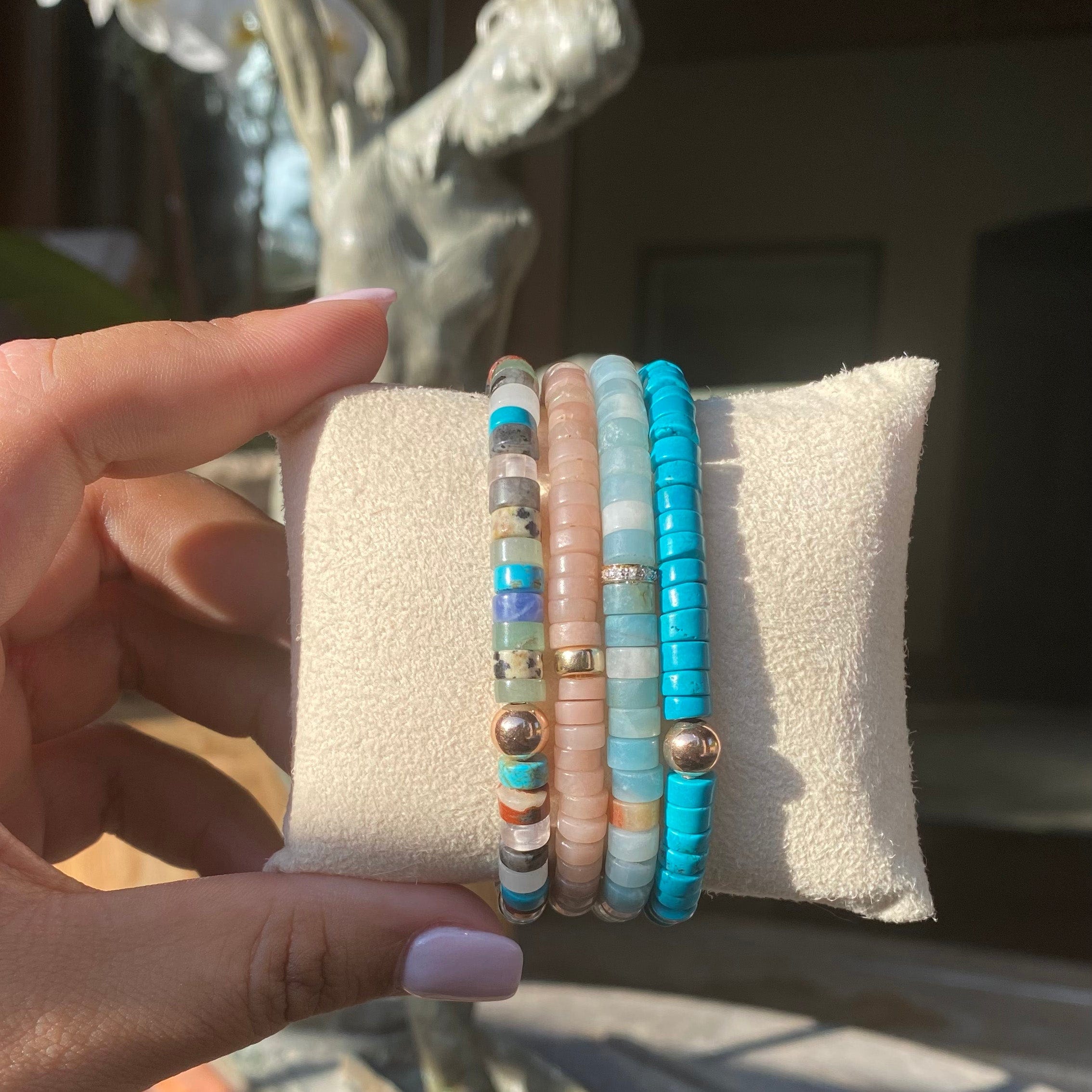 Bracelets 7" Smooth Beaded Bracelets with Diamonds and 14K Gold or your Choice of Charm