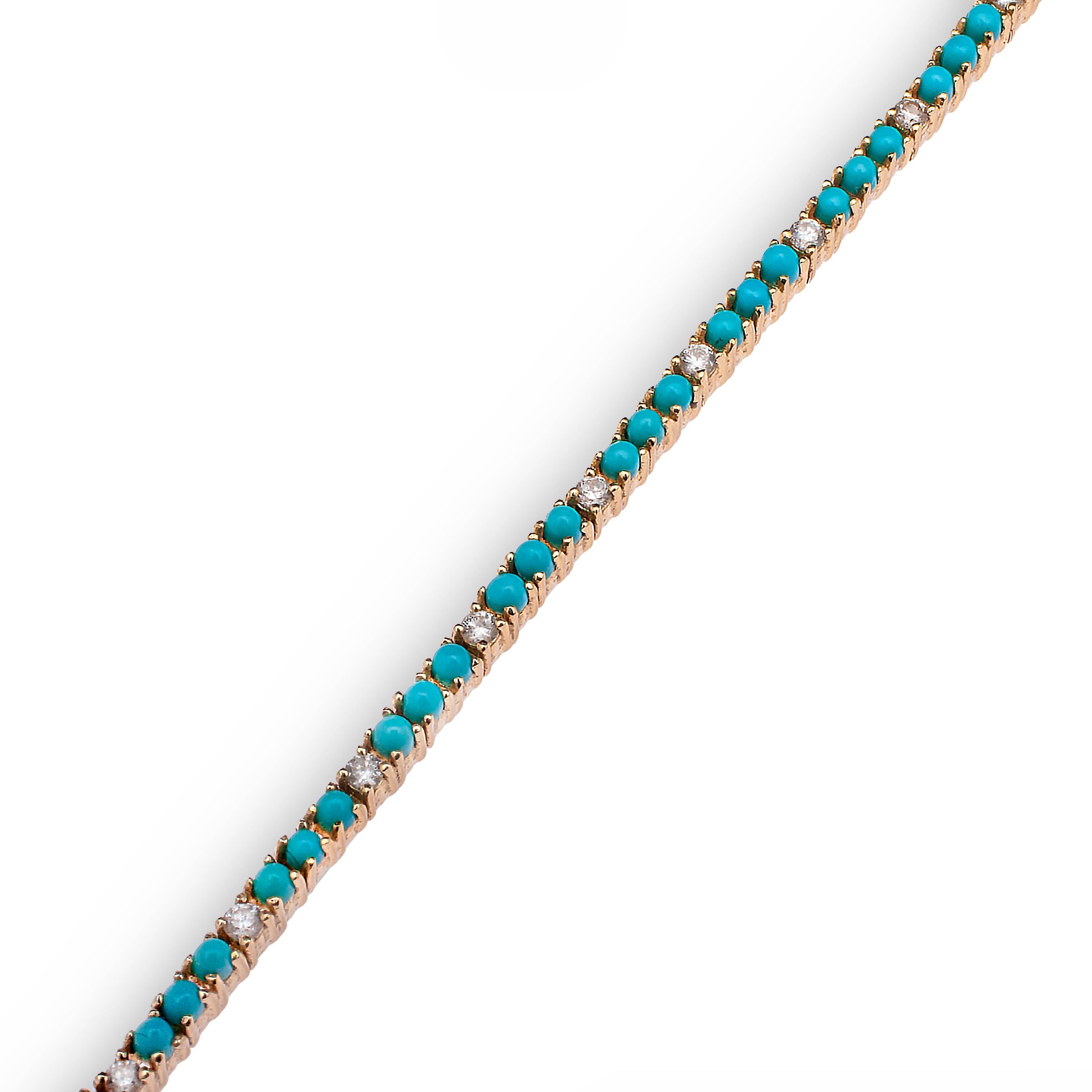 Bracelets Mini 14K Gold Turquoise and Diamond Tennis Bracelet 4-Prong Setting