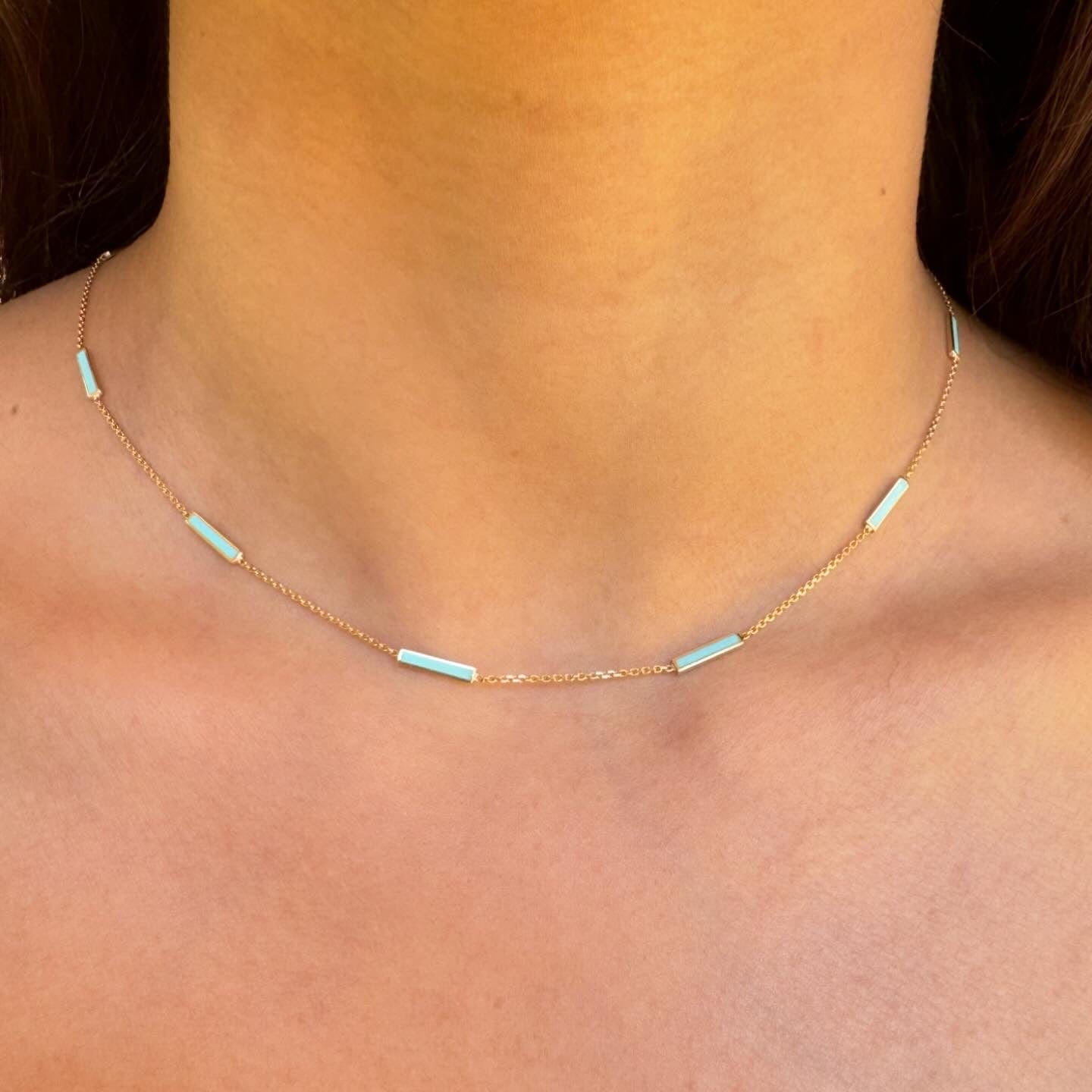 Bracelets Turquoise Blue 14K Turquoise Blue Enamel Bar Chain Necklace