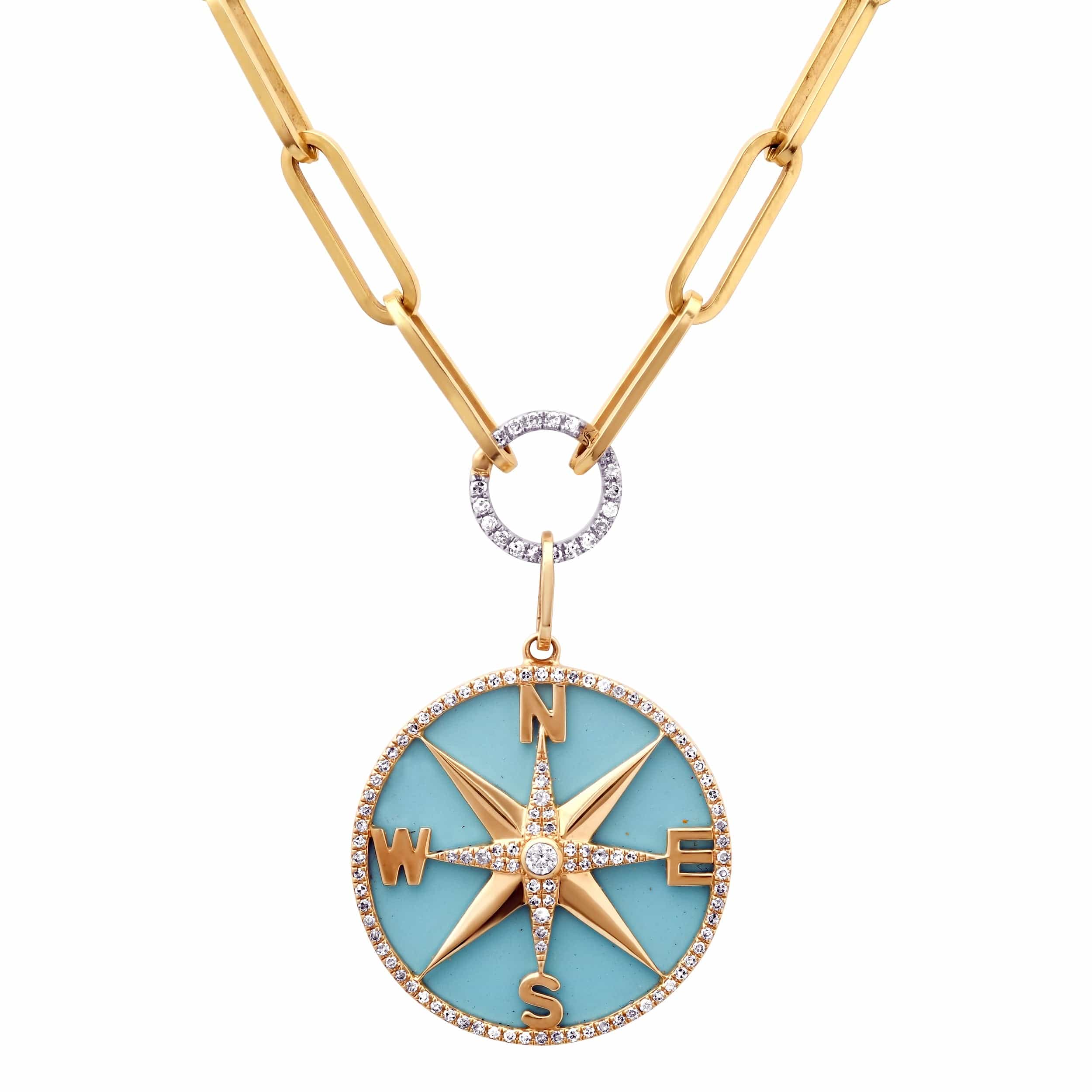 Charms & Pendants 14K Gold Turquoise and Pave Diamond Compass Charm, Medium