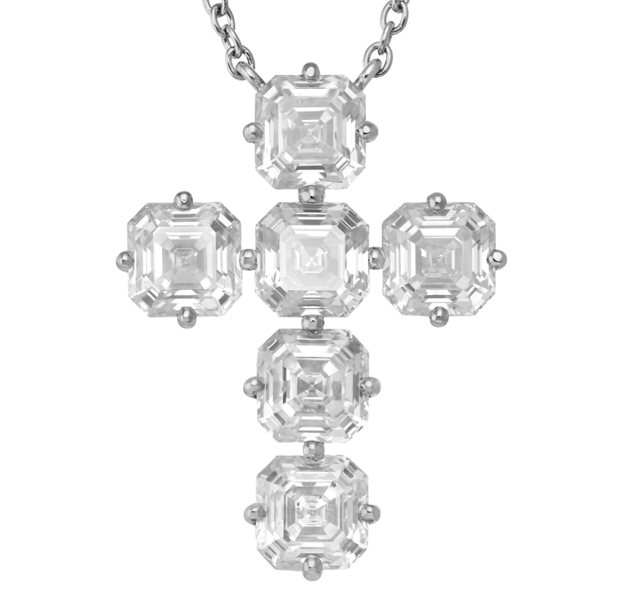 Charms & Pendants Diamond Asscher Cut Cross in Solid 18K Gold
