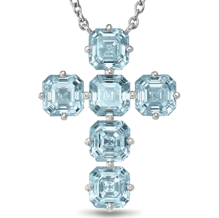 Charms & Pendants Light Blue Sapphire Asscher Cut Cross in Solid 18K Gold