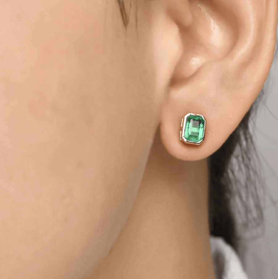 Earrings 14K & 18K Gold Emerald Bezel Set Stud Earrings