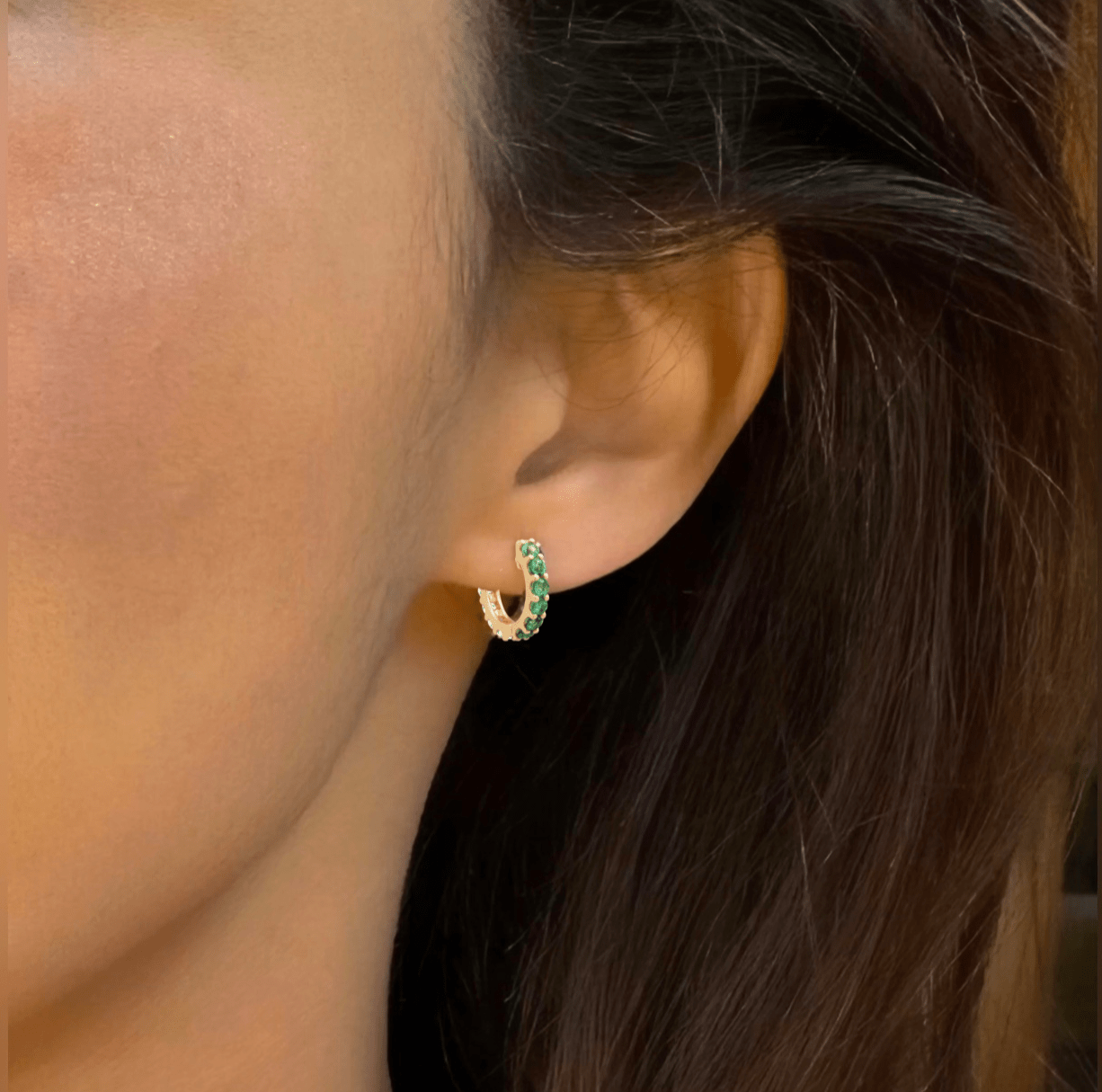 Earrings 14K Gold Half and Half Pink Sapphire and Emerald Huggie Hoops Earrings