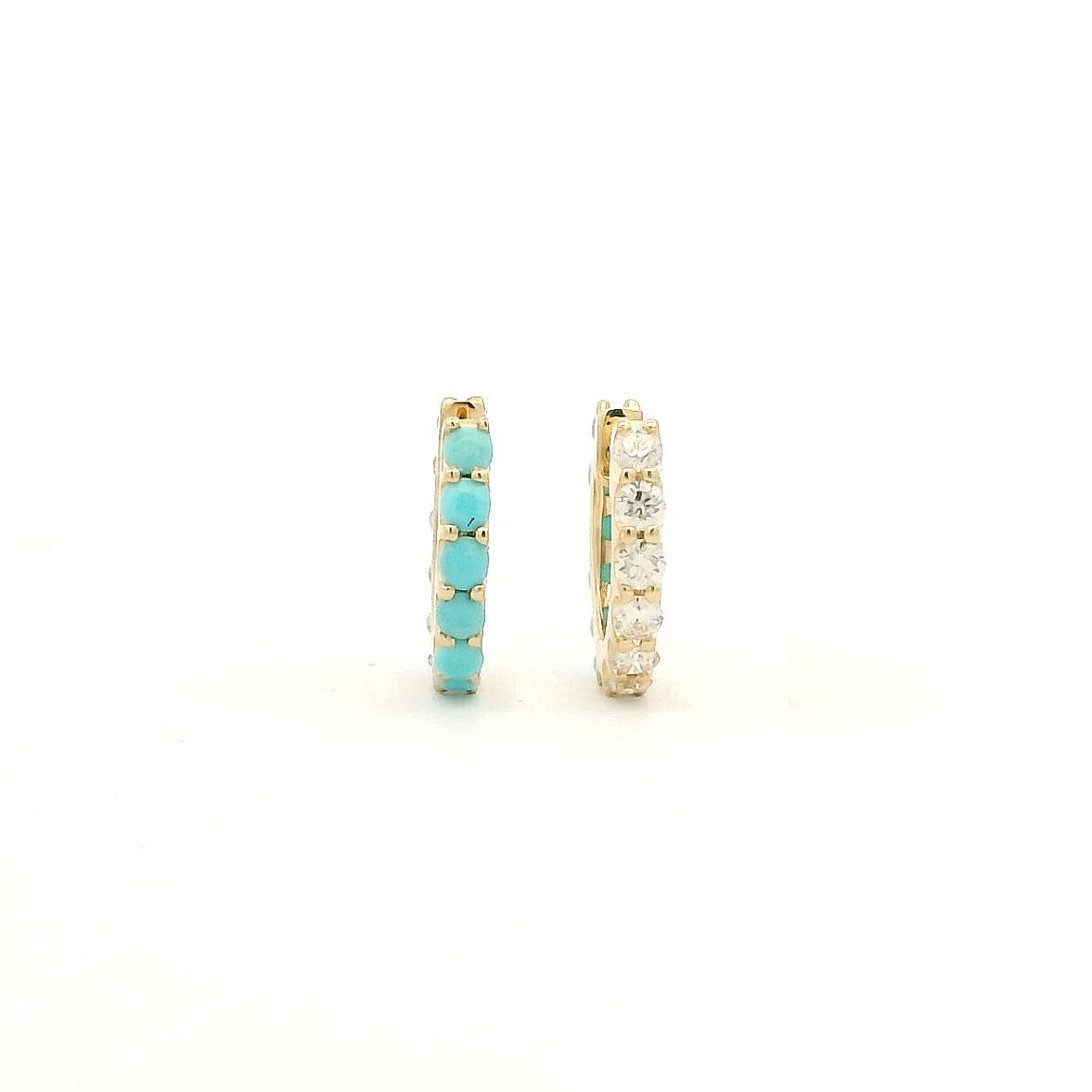 Earrings 14K Gold Half and Half Turquoise and Diamond Huggie Hoops Earrings
