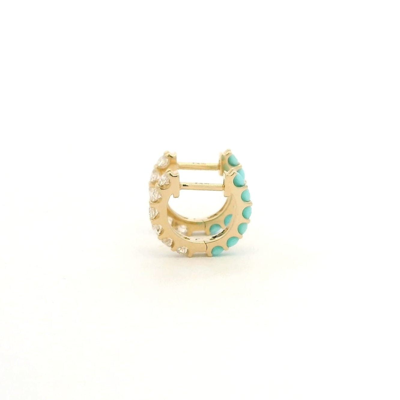 Earrings 14K Gold Half and Half Turquoise and Diamond Huggie Hoops Earrings