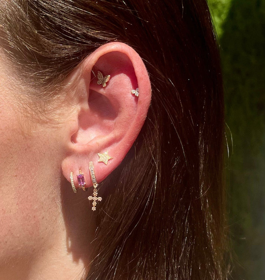Earrings 14K Gold, Pink Sapphire, and Diamond Double Hoop Earrings