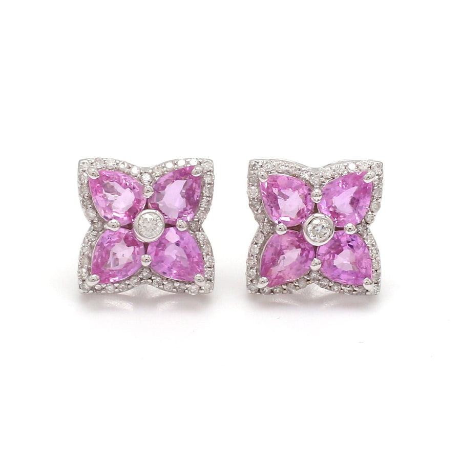Earrings Rose Gold / 14K 14K & 18K Gold Pink Sapphire and Diamond Clover Flower Stud Earrings
