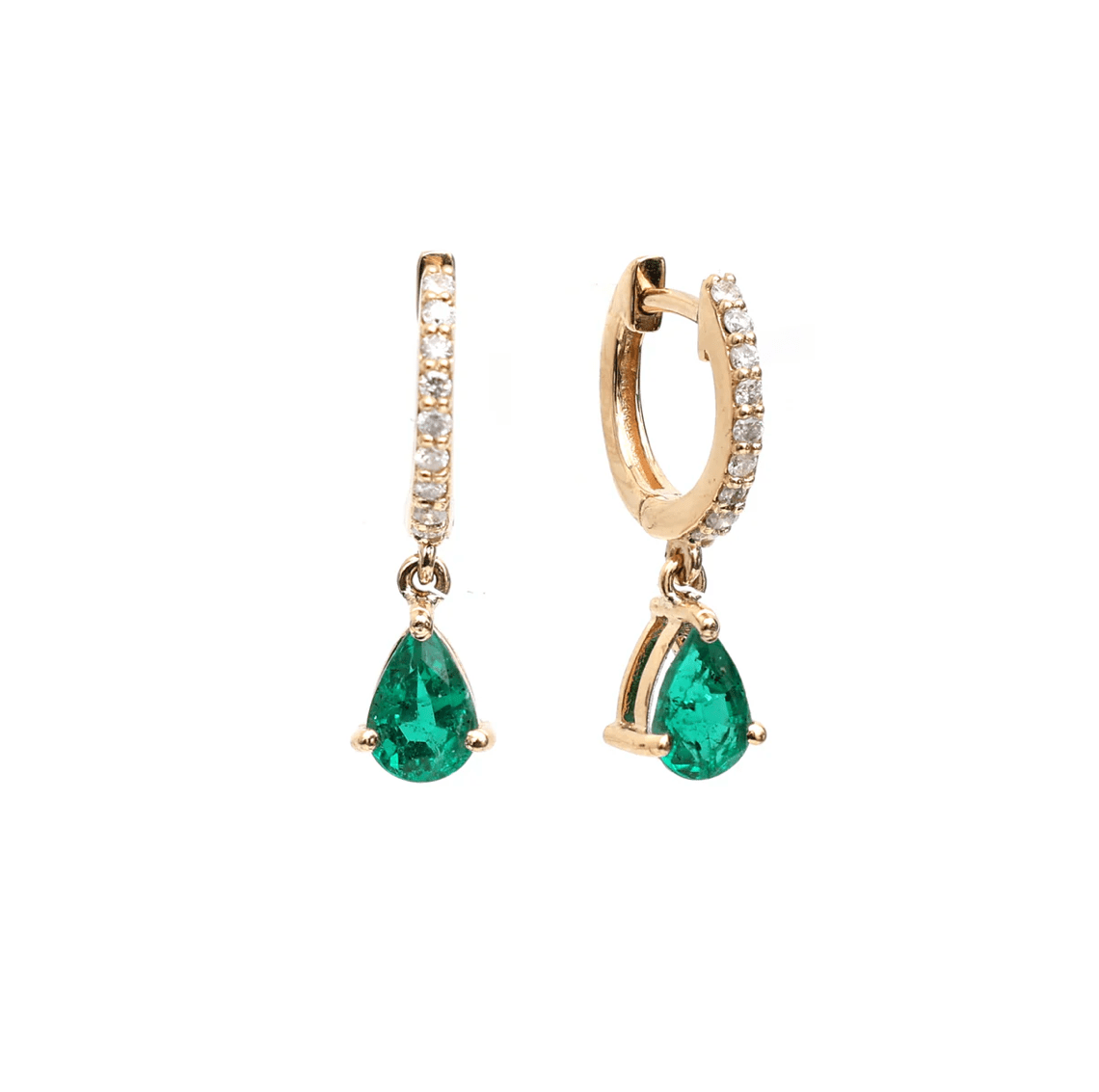 Earrings Rose Gold / 14K 14K and 18K Gold Emerald Pear Dangle Huggie Hoop Earrings
