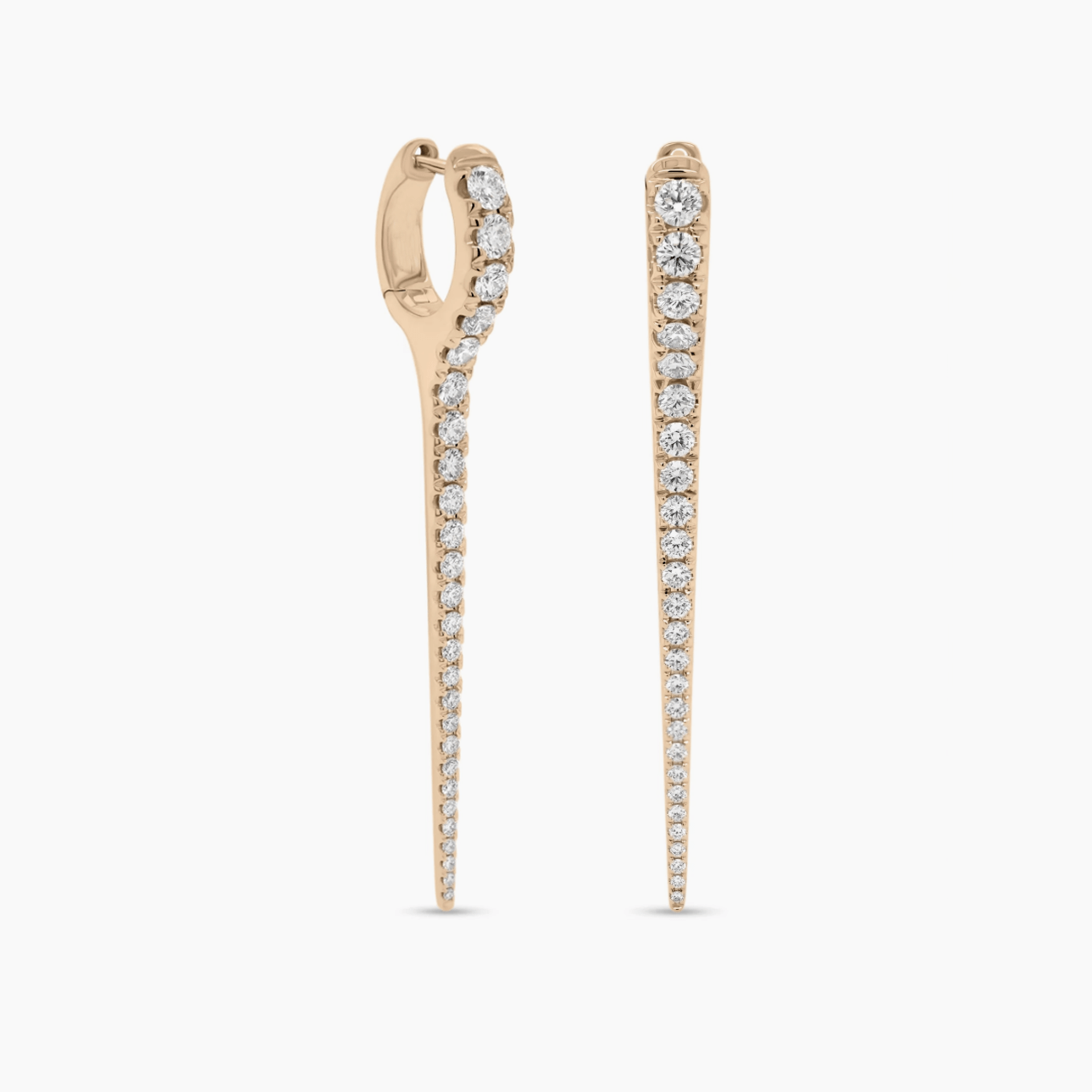 Earrings Rose Gold 14K Gold and Diamond Dagger Hoops Earrings, Long, Single Row Diamonds