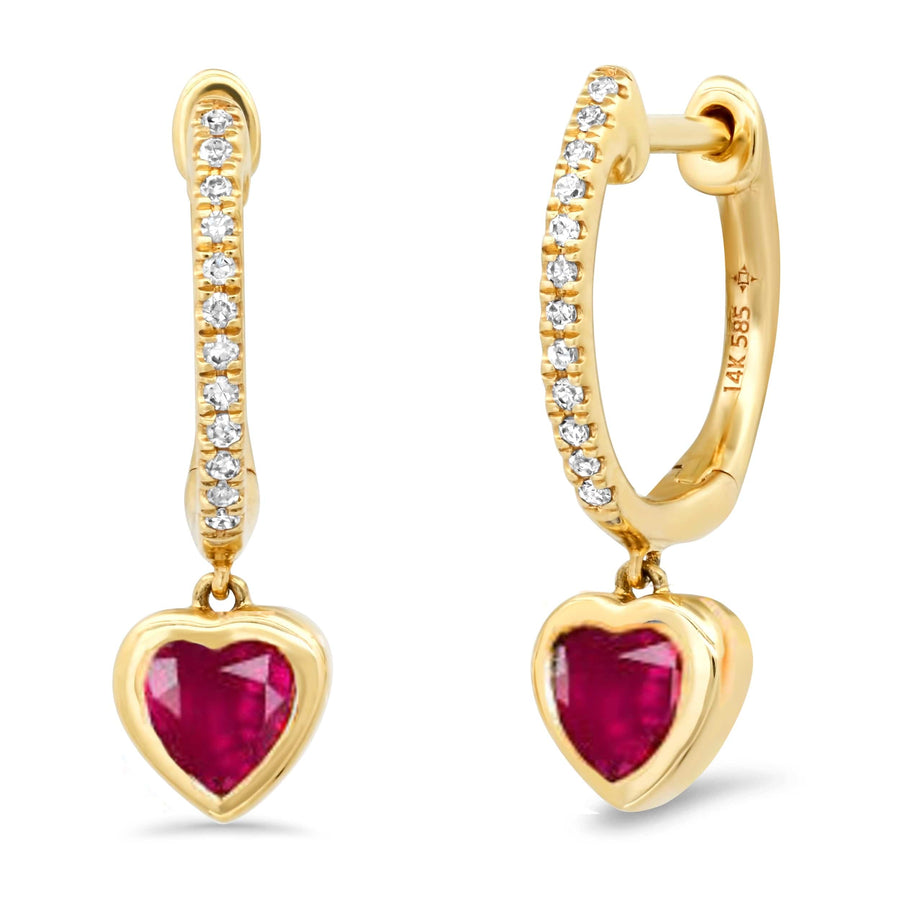 Earrings Rose Gold 14K Gold and Diamond Ruby Heart Drop Hoops Earrings