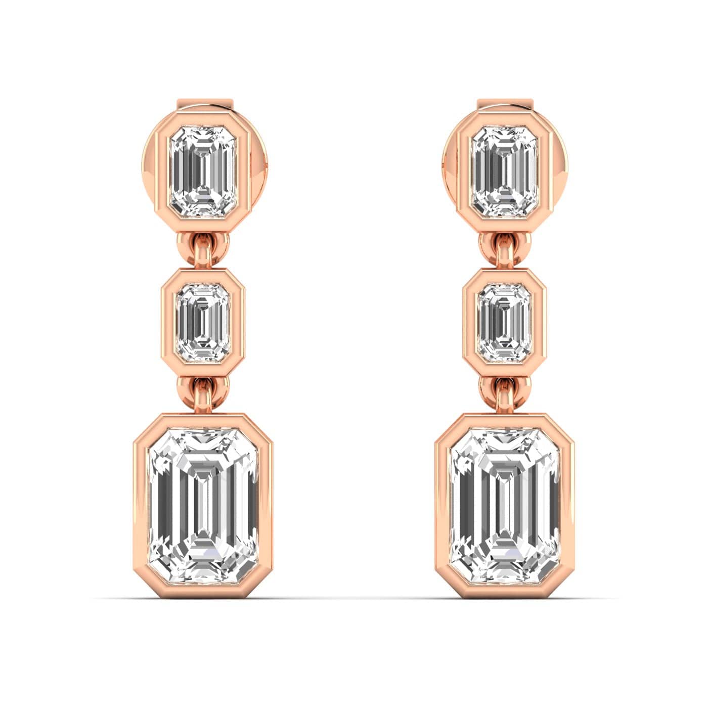 Earrings Rose Gold / 14K Trio Emerald Cut Diamond Bezel Set Drop Earrings, Lab Grown