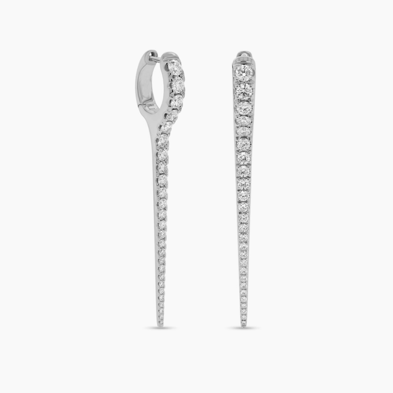 Earrings White Gold 14K Gold and Diamond Dagger Hoops Earrings, Long, Single Row Diamonds