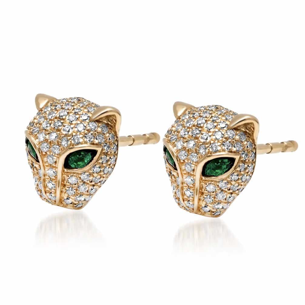 Earrings White Gold 14K Gold Panther Stud Earrings with Emerald Eyes