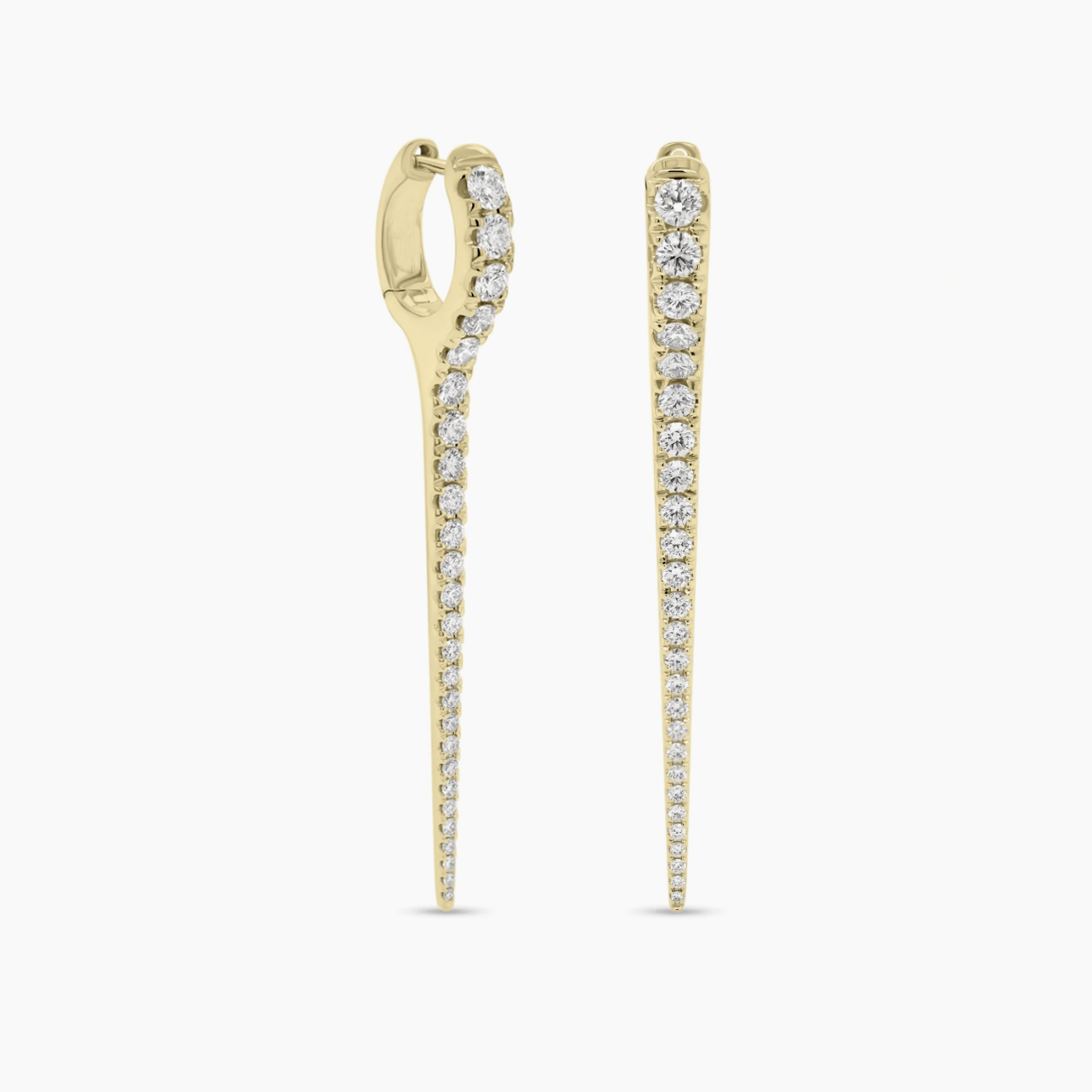 Earrings Yellow Gold 14K Gold and Diamond Dagger Hoops Earrings, Long, Single Row Diamonds