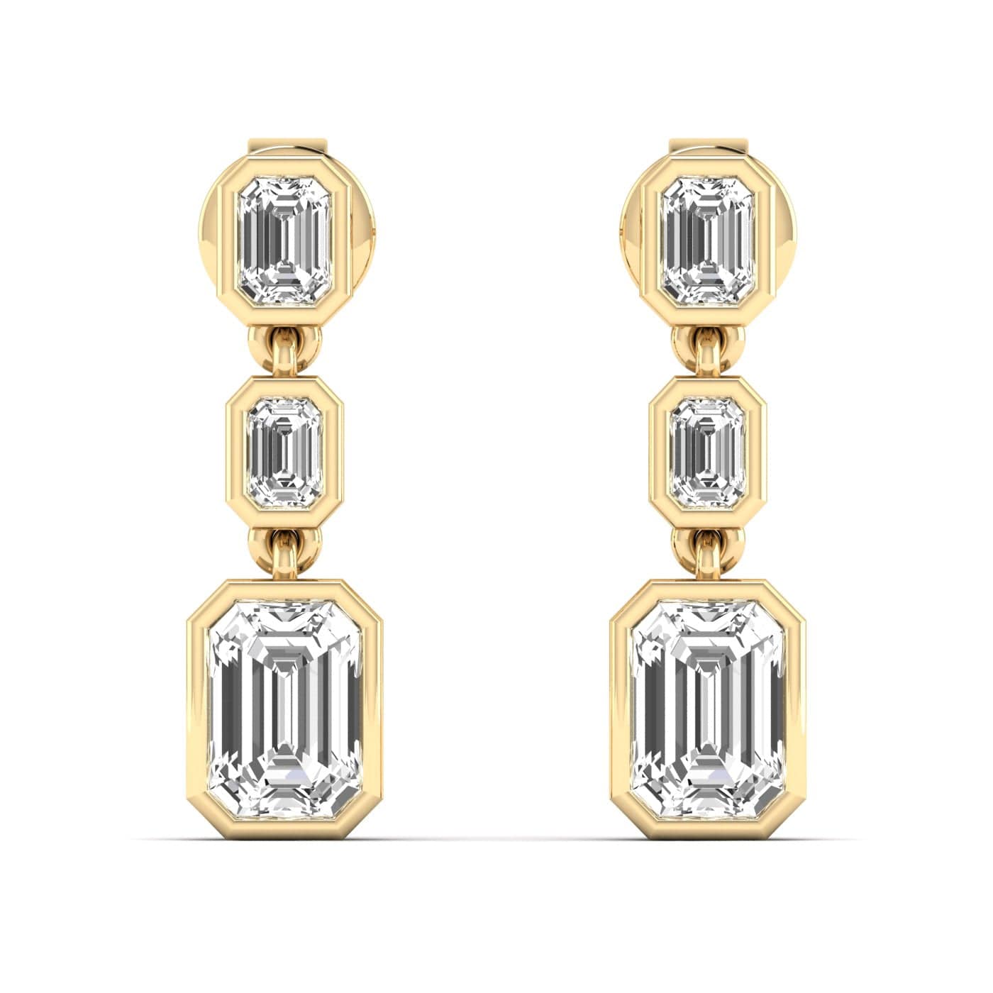Earrings Yellow Gold / 14K Trio Emerald Cut Diamond Bezel Set Drop Earrings, Lab Grown