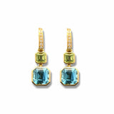 Earrings Yellow Gold 18K Rose Green Peridot, Blue Topaz and Diamond Drop Earrings
