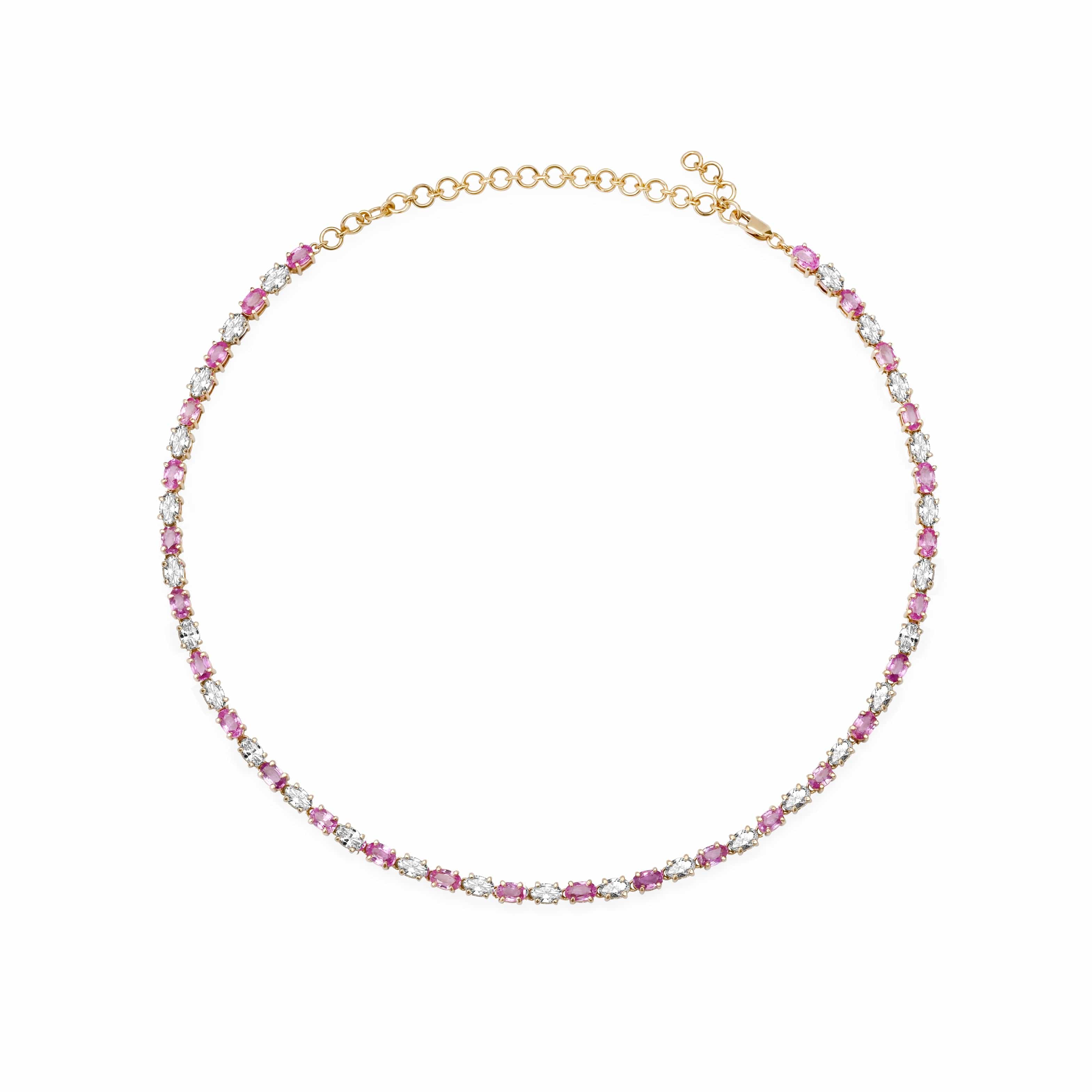 Necklaces 14K & 18K Gold East West Oval Alternating Pink Sapphire & Diamond Necklace