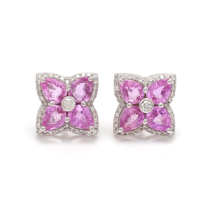 14K & 18K Gold Pink Sapphire and Diamond Clover Flower Stud Earrings