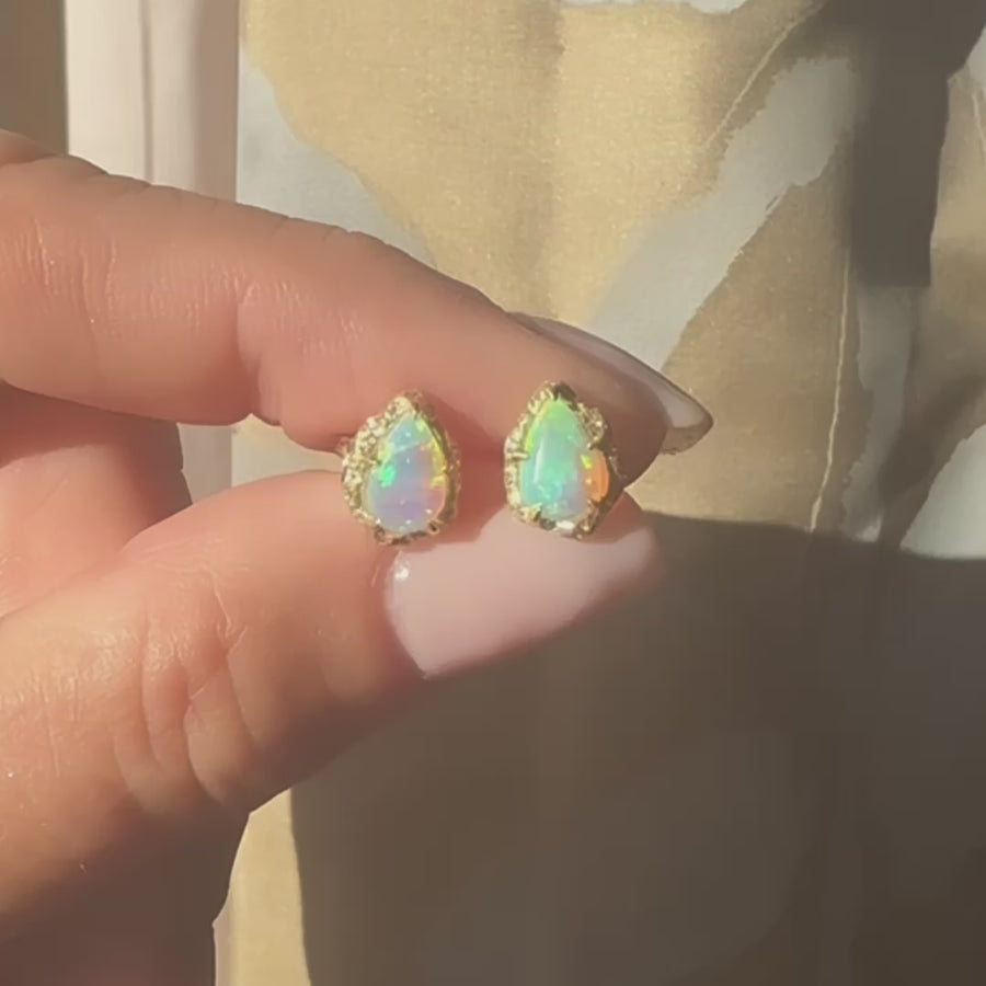 18K Gold Organic Opal and Diamond Stud Earrings