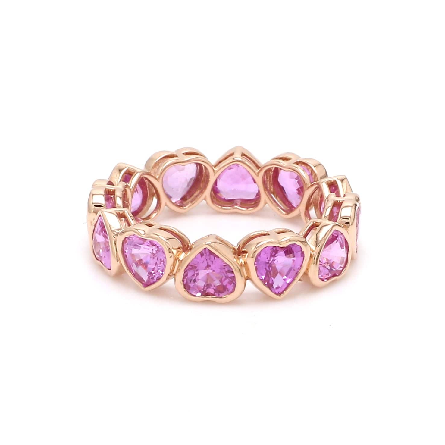 Rings 14K & 18K Gold Pink Sapphire Heart Eternity Band, Bezel Set