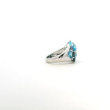 Rings 18K Gold Blue, Teal Topaz and Diamond Cluster Ring, Medium Band