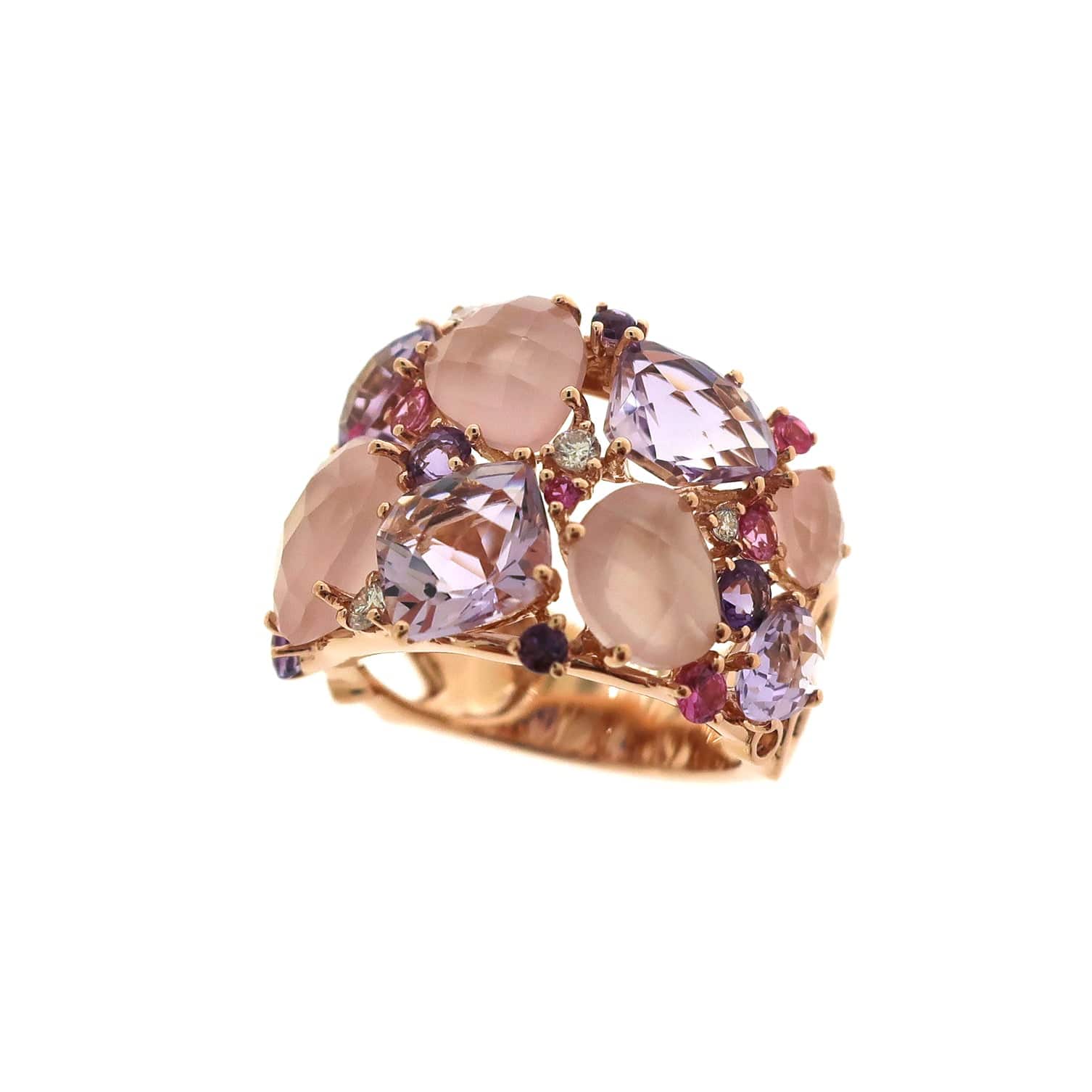 Rings 18K Gold Pink, Rose Topaz, Quartz and Diamond Cluster Ring