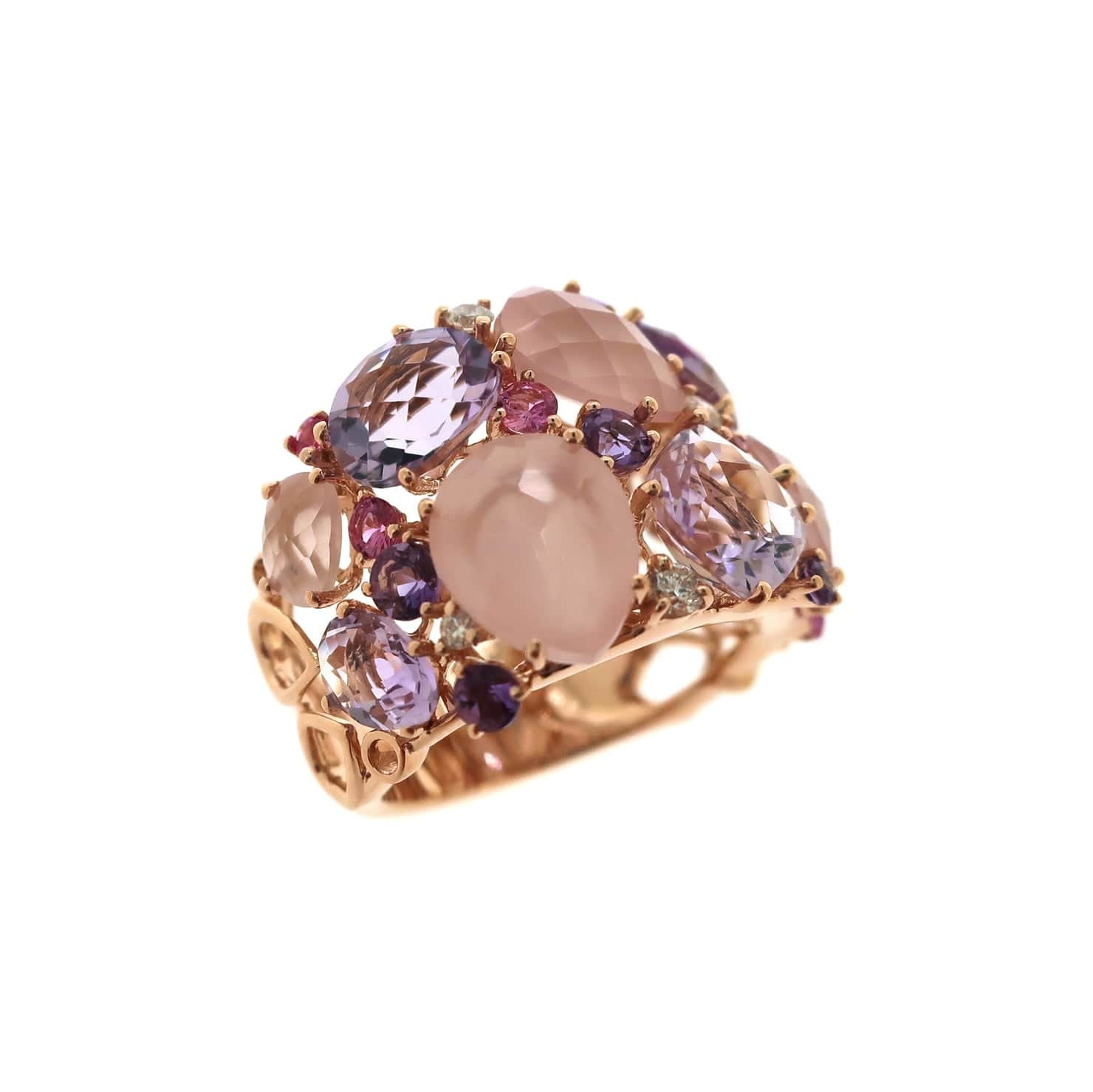 Rings 18K Gold Pink, Rose Topaz, Quartz and Diamond Cluster Ring