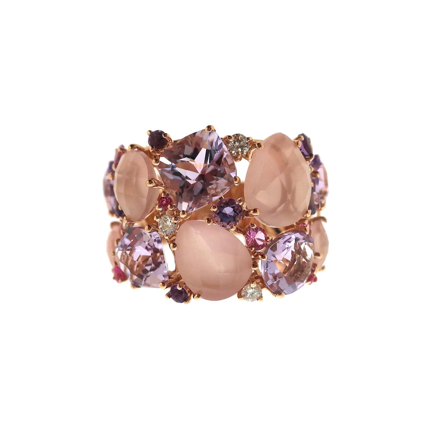 Rings 18K Gold Pink, Rose Topaz, Quartz and Diamond Cluster Ring