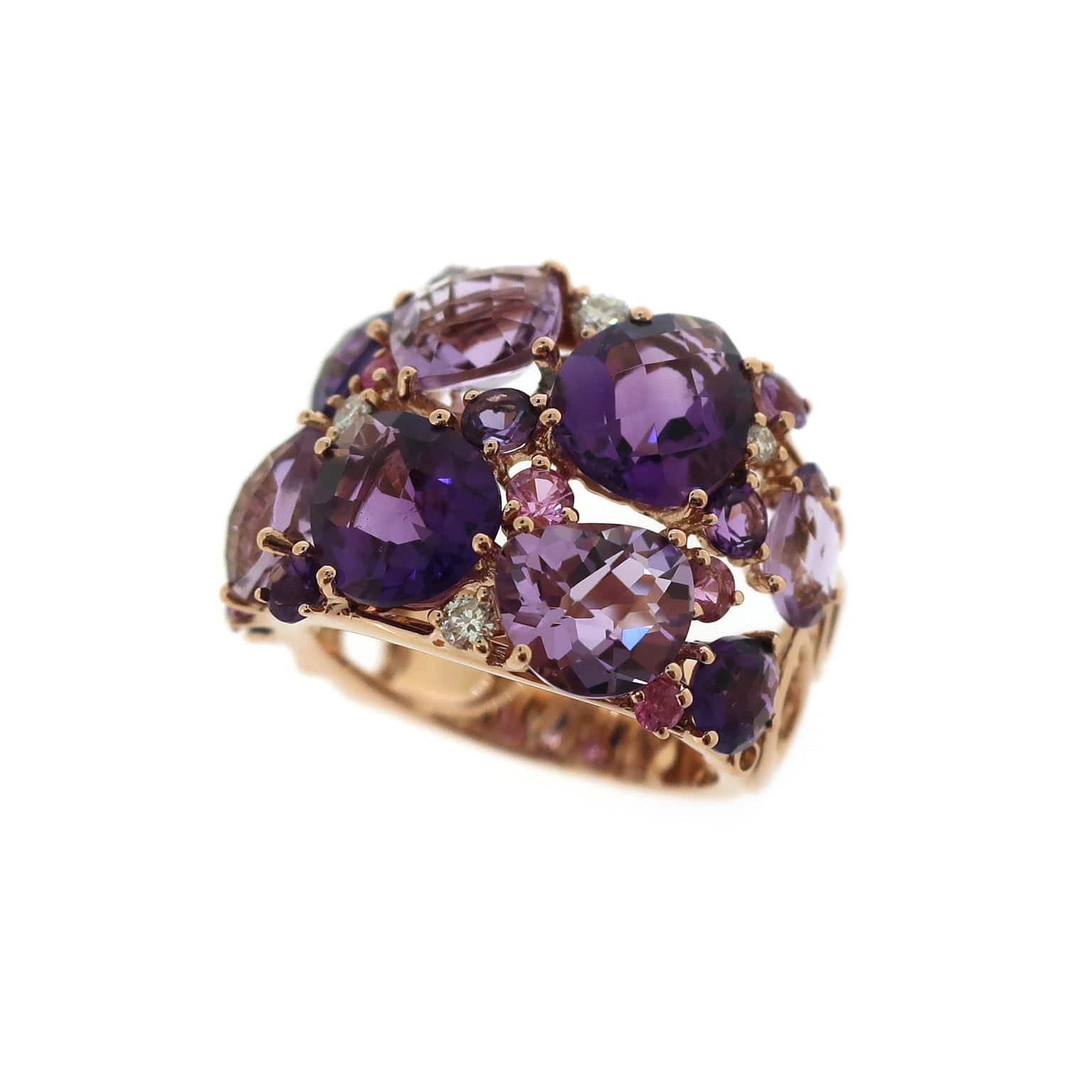 Rings 18K Gold Purple, Rose Topaz, Quartz and Diamond Cluster Ring