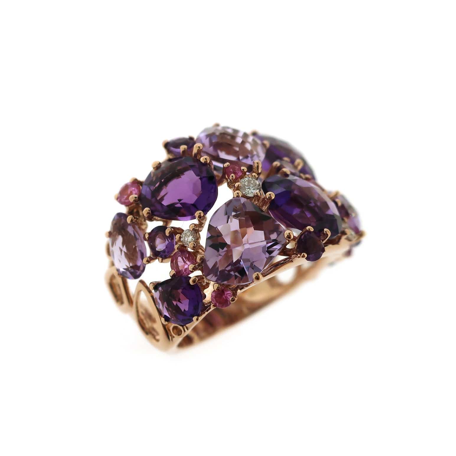 Rings 18K Gold Purple, Rose Topaz, Quartz and Diamond Cluster Ring