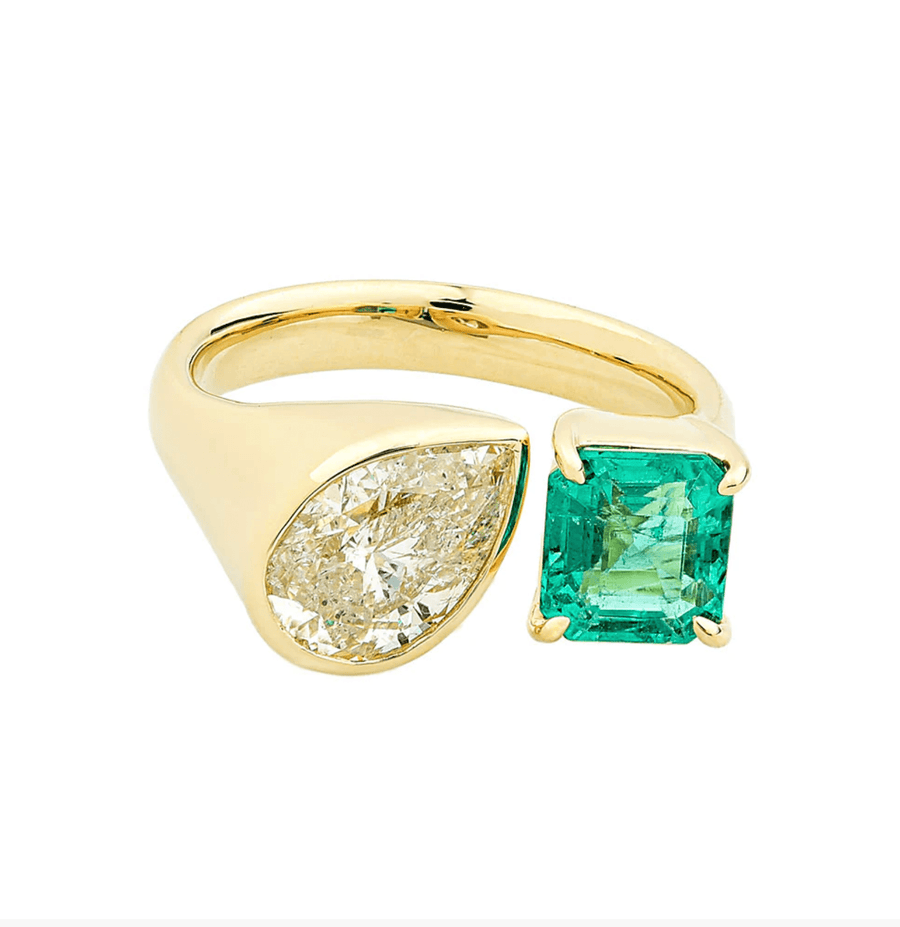 Rings 6 / Rose Gold / 14K 14K & 18K Gold Emerald and Pear Cut Diamond Ring