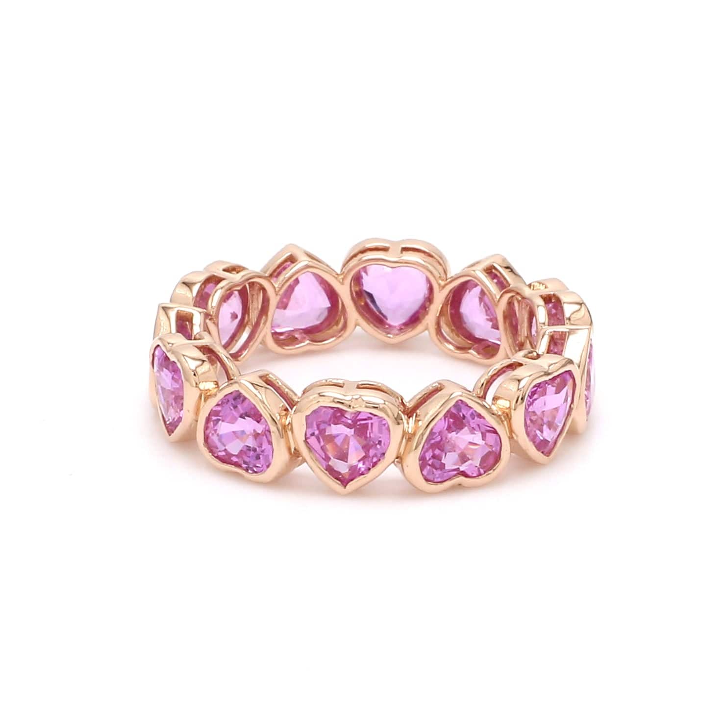 Rings 6 / Yellow Gold / 14K 14K & 18K Gold Pink Sapphire Heart Eternity Band, Bezel Set