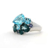 Rings 6 / Yellow Gold / 18K 18K Gold Blue, Teal Topaz and Diamond Cluster Ring, Medium Band