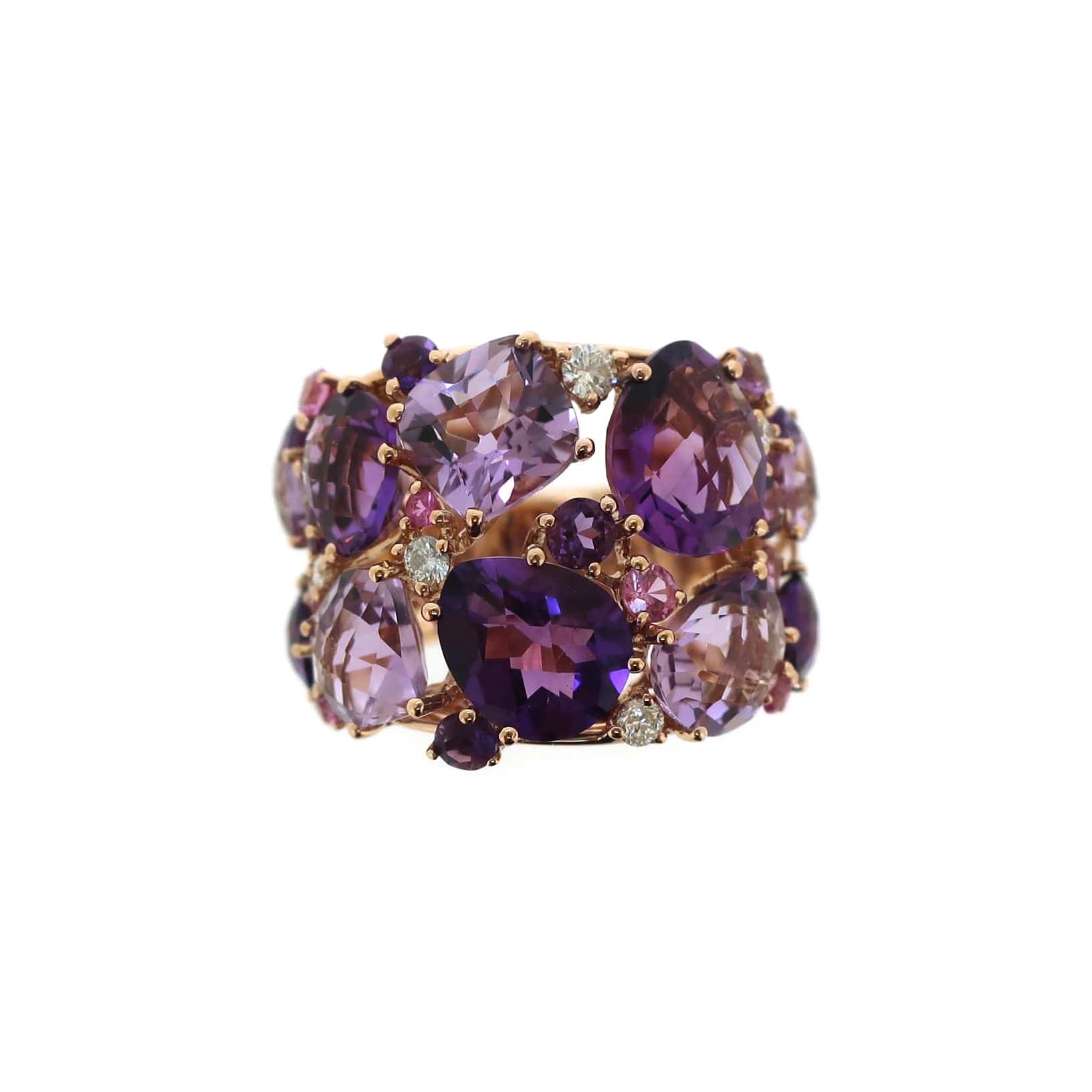Rings 6 / Yellow Gold / 18K 18K Gold Purple, Rose Topaz, Quartz and Diamond Cluster Ring