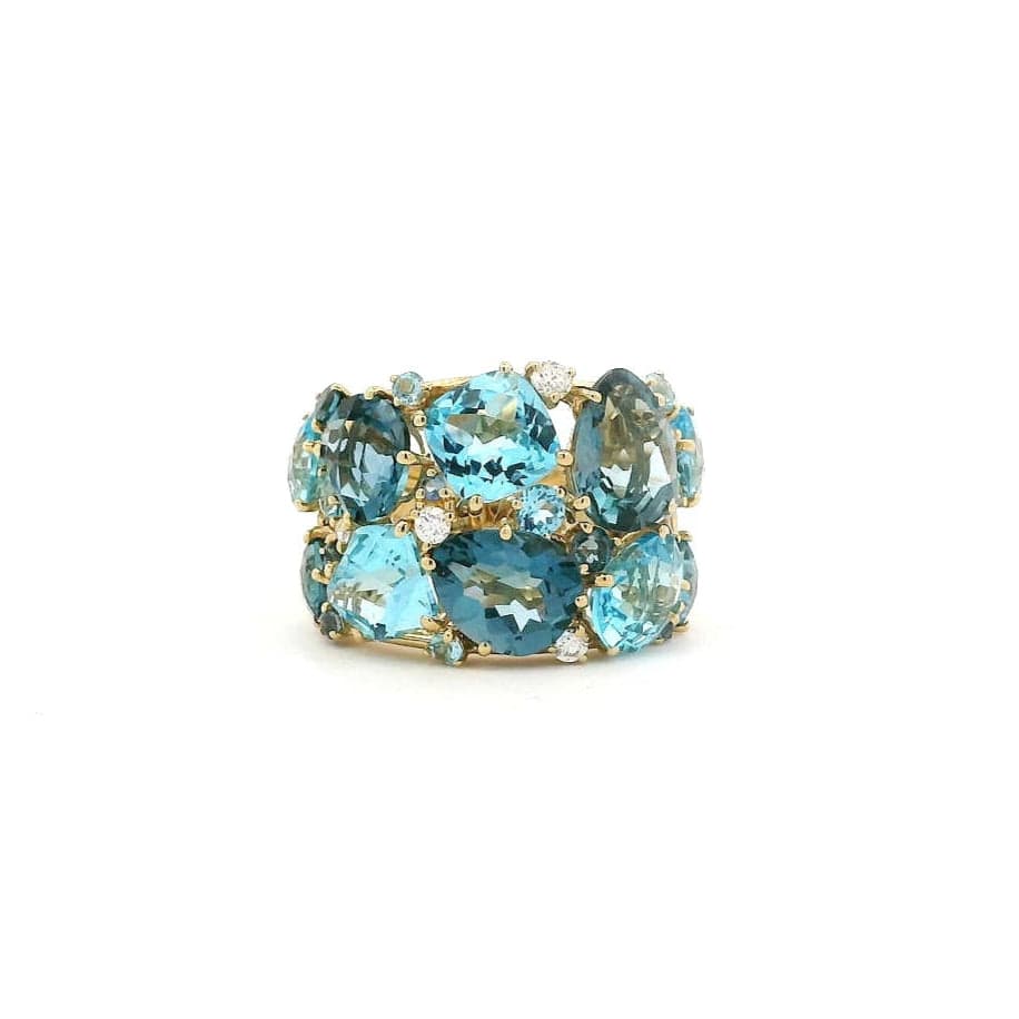 Rings Blue, Teal Topaz and Diamond Cluster Ring