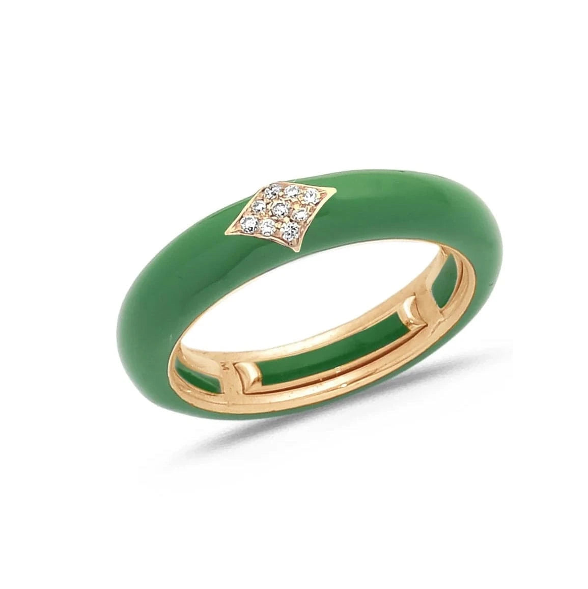 Rose / Green / Small (4.5-6) 18K Gold Enamel and Diamond Shape Pave Diamond Stretch Ring, 4.4 mm