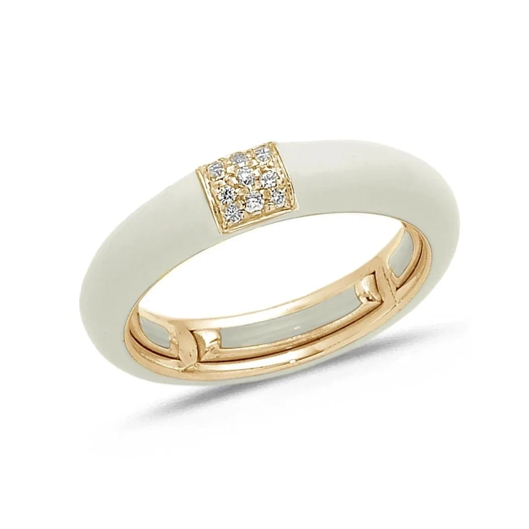 Rose / Ivory / Small (4.5-6) 18K Gold Enamel and Square Pave Diamond Stretch Ring, 4.4 mm