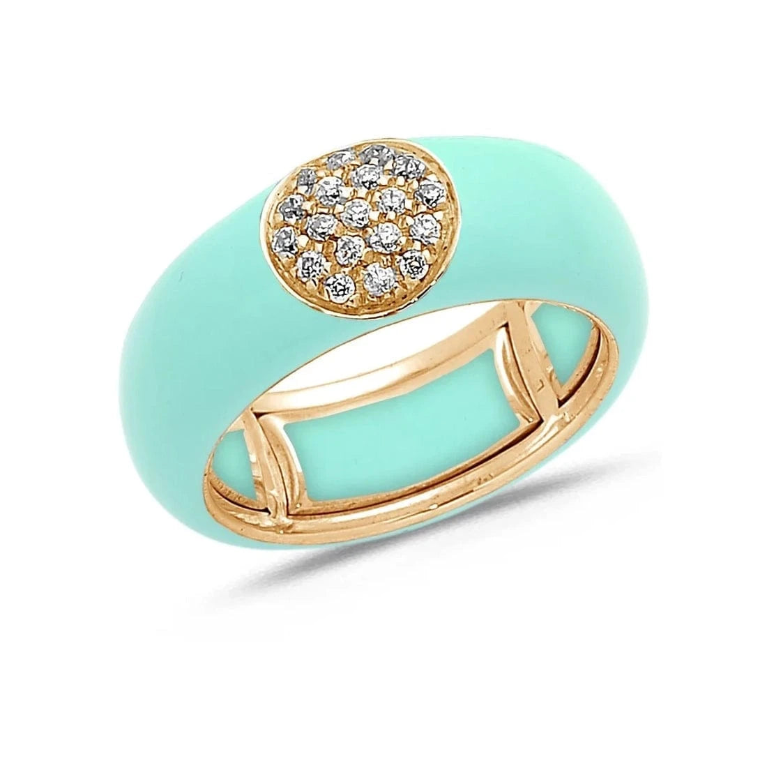 Rose / Light Blue / Small (4.5-6) 18K Gold Enamel Circle Pave Diamond Stretch Ring, 8.26 mm