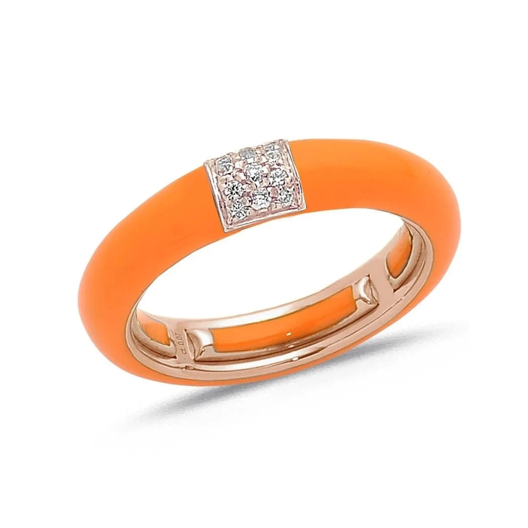 Rose / Orange / Small (4.5-6) 18K Gold Enamel and Square Pave Diamond Stretch Ring, 4.4 mm