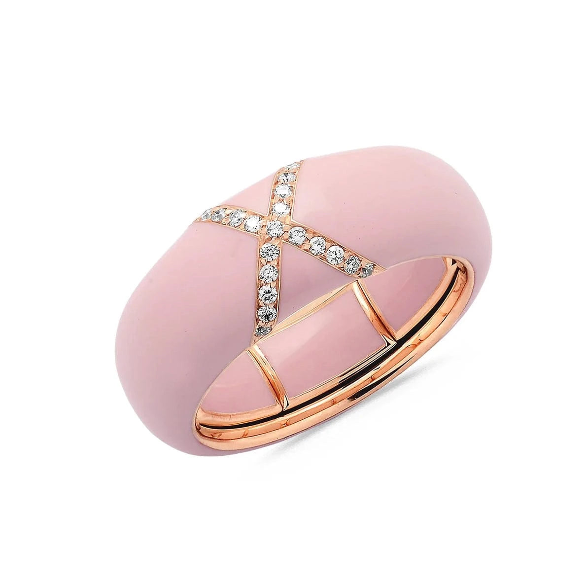 Rose / Pink / Small (4.5-6) 18K Gold Enamel X Pave Diamond Stretch Ring, 8.26 mm