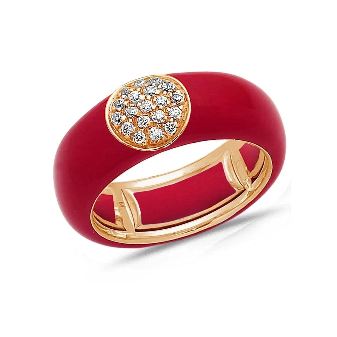 Rose / Red / Small (4.5-6) 18K Gold Enamel Circle Pave Diamond Stretch Ring, 8.26 mm