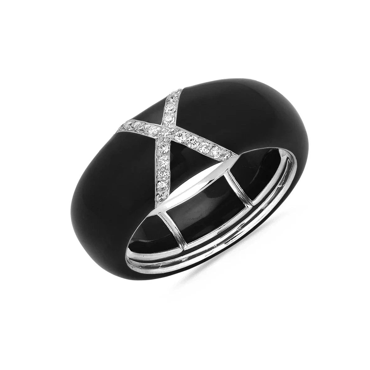 White / BLack / Small (4.5-6) 18K Gold Enamel X Pave Diamond Stretch Ring, 8.26 mm