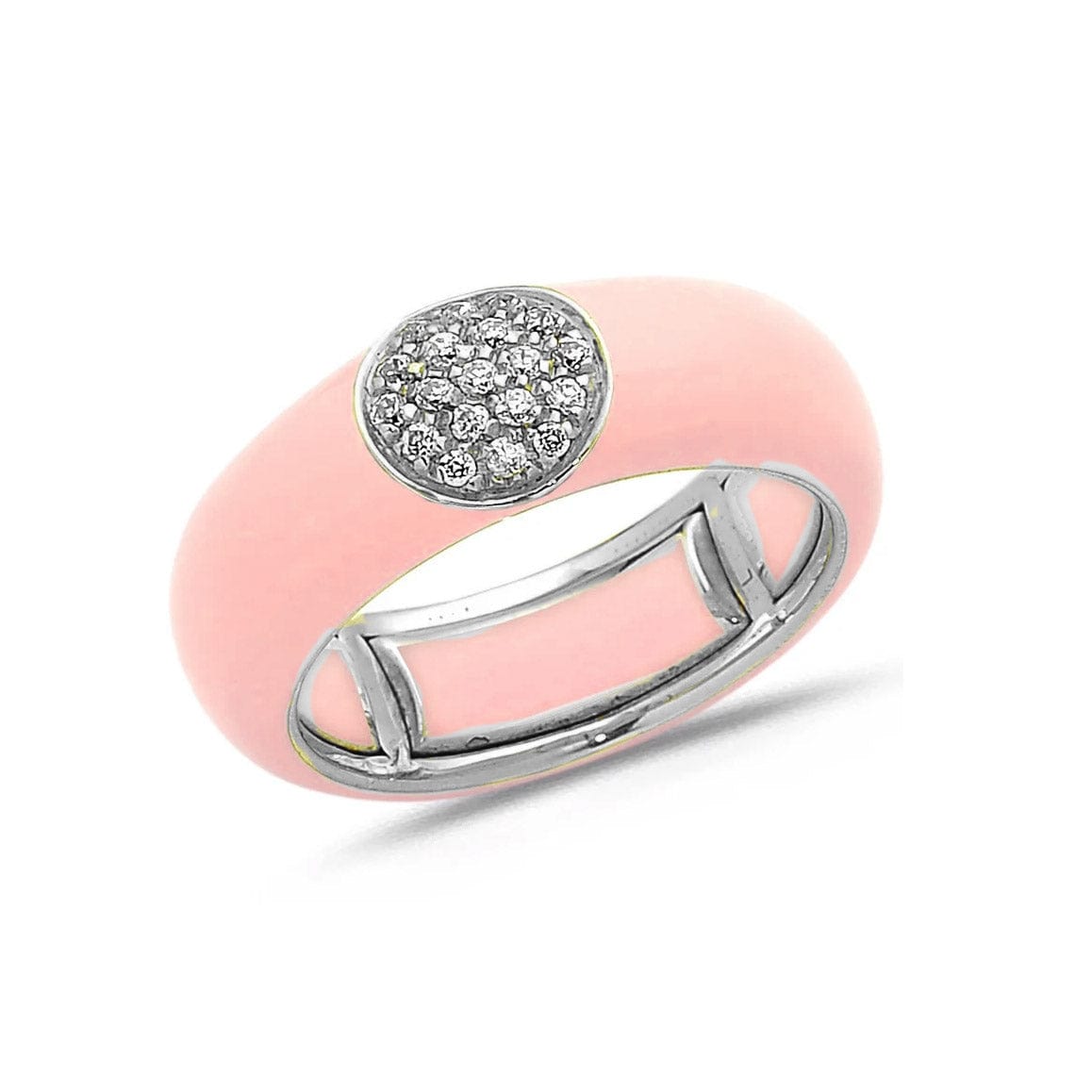 White / Blush Pink / Small (4.5-6) 18K Gold Enamel Circle Pave Diamond Stretch Ring, 8.26 mm
