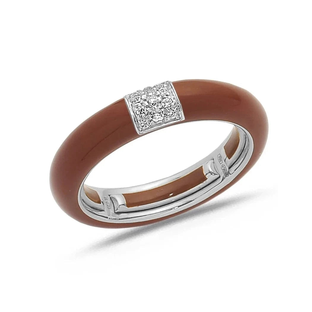 White / Brown / Small (4.5-6) 18K Gold Enamel and Square Pave Diamond Stretch Ring, 4.4 mm