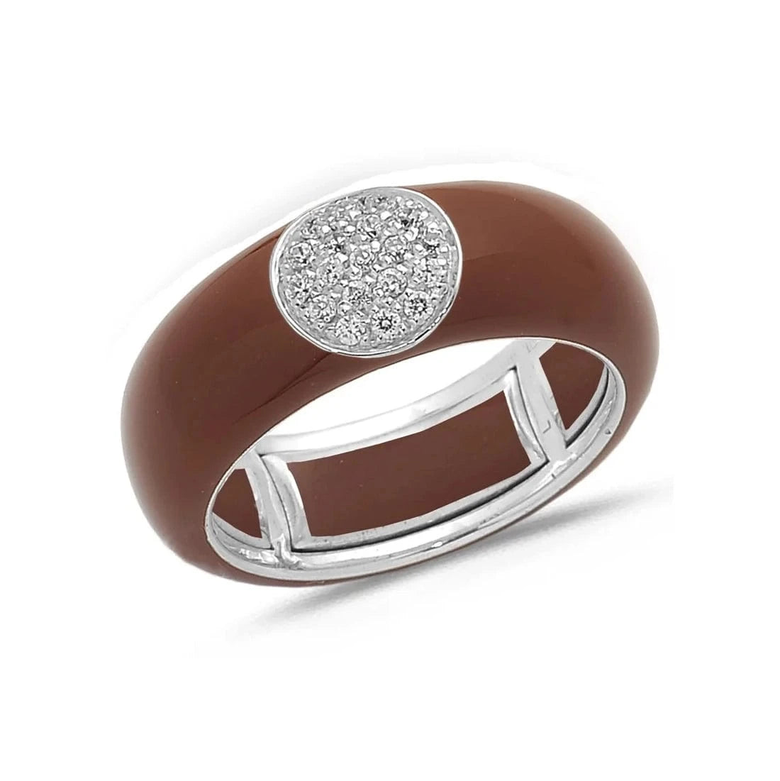 White / Brown / Small (4.5-6) 18K Gold Enamel Circle Pave Diamond Stretch Ring, 8.26 mm